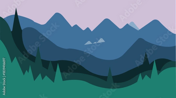 Fototapeta Minimalist layered mountain range landscape with pine trees and soft twilight sky
