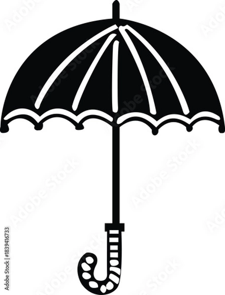Fototapeta Black and white illustration of an open umbrella with a curved handle, isolated on