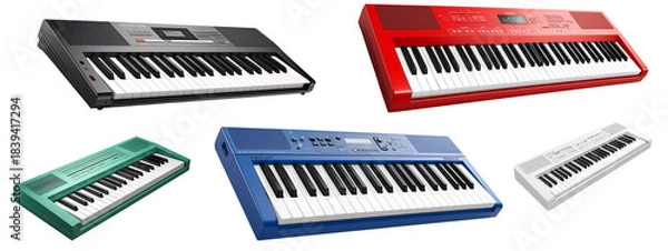 Fototapeta Musical Spectrum: An assortment of colorful synthesizers displays the diverse sounds of music. Presenting a wide range of keyboard instruments.