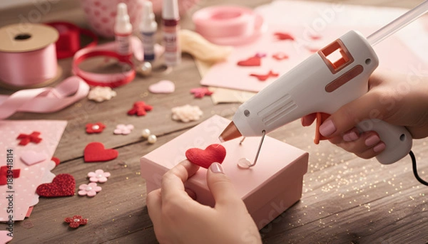 Obraz Creative Valentines Day DIY scene with hands decorating a gift box using a glue gun and heart elements. Cozy handmade workspace perfect for romantic packaging, craft tutorials and festive design.