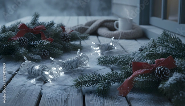 Obraz A snow-covered porch, with festive garlands and lights removed and rolled up, creates a calm, peaceful atmosphere. The soft winter light, scattered decor create a quiet post-holiday mood.