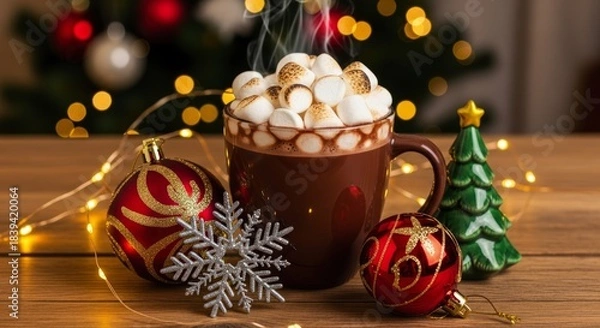Fototapeta Steaming mug of rich cocoa topped with toasted marshmallows sits amidst holiday decorations