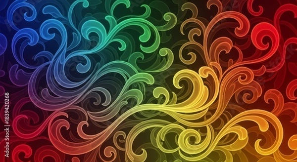 Fototapeta Ornamental swirls transition across a dark background in a vibrant spectrum of colors