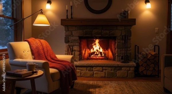 Fototapeta Cozy interior scene features a crackling stone fireplace and comfortable seating beside a window showing snow