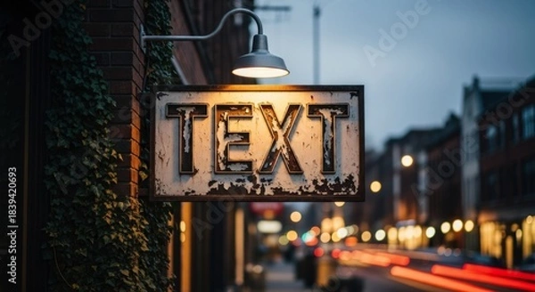 Fototapeta Illuminated weathered storefront sign hangs outside brick building during twilight city street scene