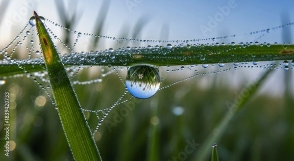 Fototapeta Tiny droplets of morning moisture cling to a delicate web strung between blades of grass