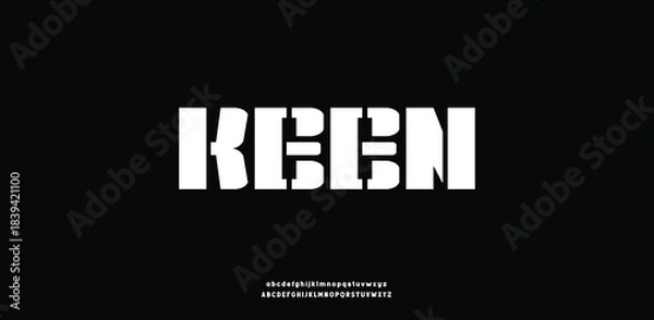 Obraz  A bold, blocky stencil-style font with a sharp industrial look.
