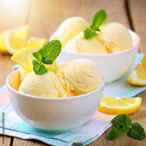 Fototapeta Ice cream with fruits mint lemon in a bowl on a plate