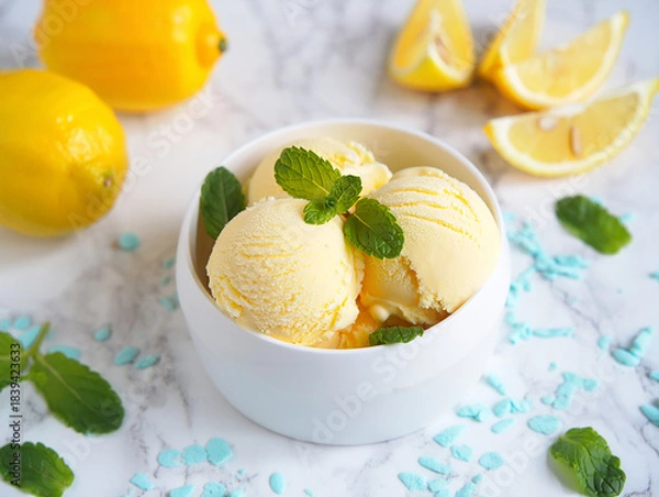 Fototapeta Ice cream with fruits mint lemon in a bowl on a plate