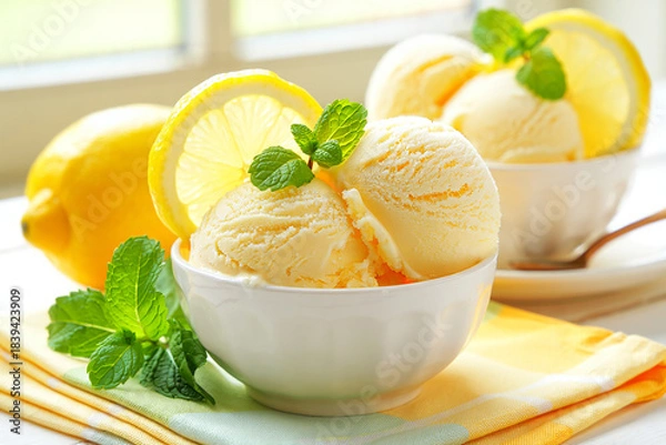 Fototapeta Ice cream with fruits mint lemon in a bowl on a plate