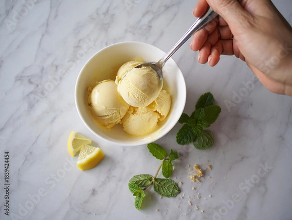 Fototapeta Ice cream with fruits mint lemon in a bowl on a plate