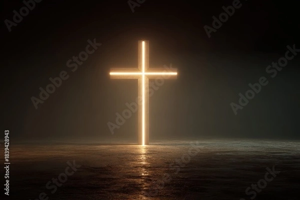 Obraz Thick luminous golden christian cross, crucifix, rising vertically from a rippling water surface, warm diffused light. Quiet, solemn atmosphere of Christ faith. Religious symbol. 
