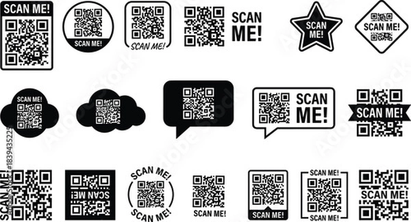 Fototapeta QR code labels, scan me signs, mobile scanning prompts, digital access icons, modern promotional stickers, contactless technology symbols for marketing and communication