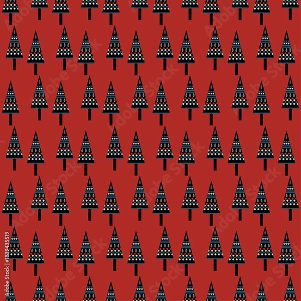 Obraz Seamless geometric pattern with stylized Scandinavian Christmas trees abstract folk art motif uses black trees decorated with charming red blue and white dots and stripes on red background Vector