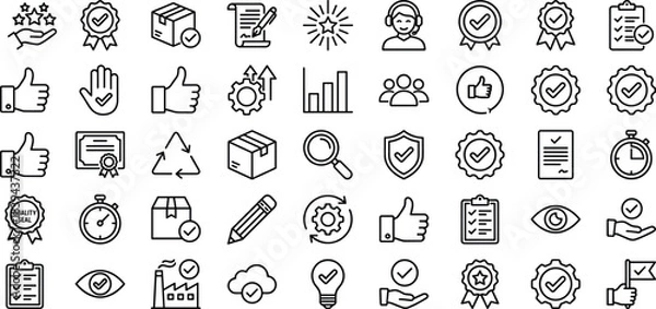 Fototapeta Quality assurance, certification, productivity, business support, checklist, approval icons set with shipping, management, evaluation, monitoring, success, verification, and workflow symbols