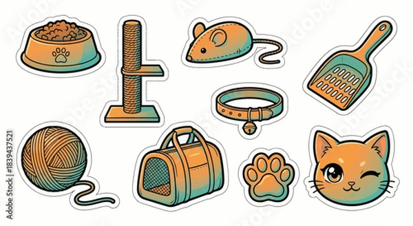 Obraz Cute Cartoon Cat Essentials Sticker Pack and Accessories