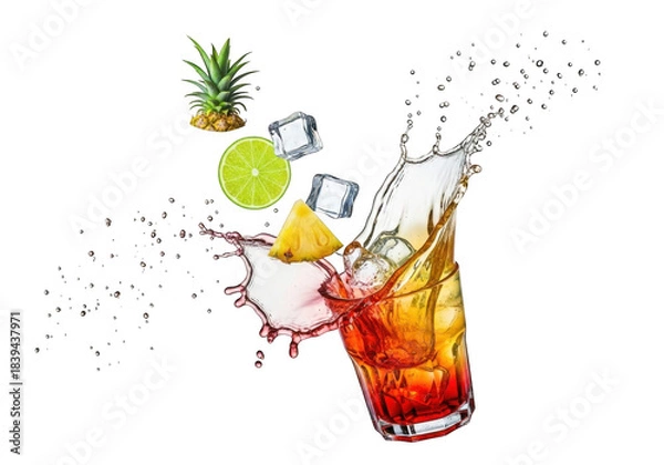 Fototapeta Dynamic tropical cocktail splash with pineapple, lime, and ice, isolated on transparent background