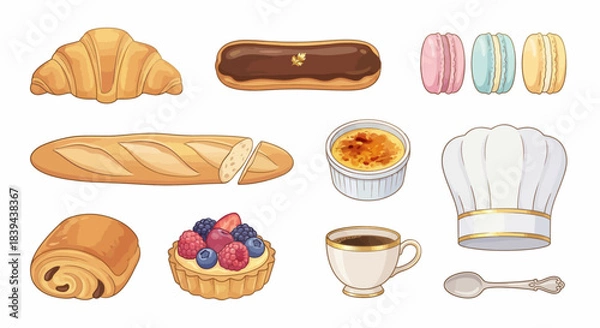 Obraz French Bakery Delights Vector Illustration Set