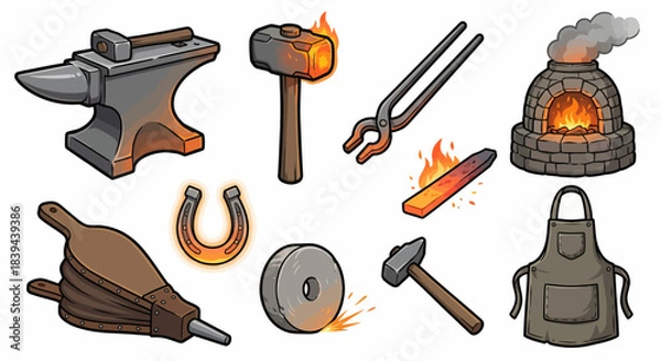 Obraz Blacksmith Tools and Equipment Set Illustration