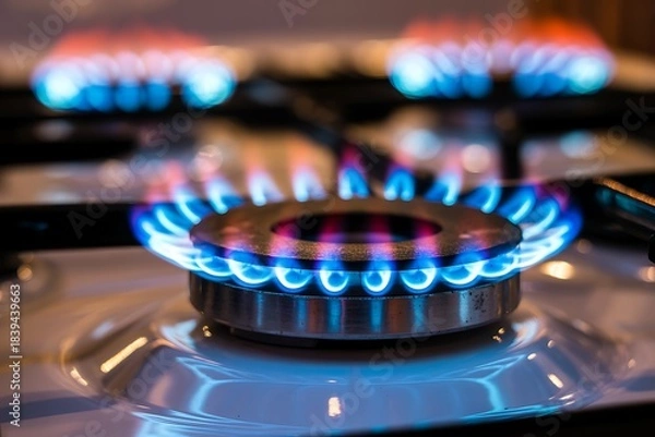 Fototapeta Close-up of a gas stove burner with bright blue and orange flames in focus on a white surface.