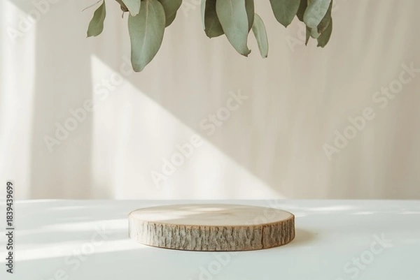 Fototapeta Natural Wooden Slice Podium with Eucalyptus Leaves and Soft Sunlight Shadows for Product Display