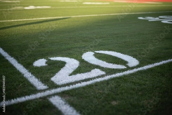 Fototapeta Close-up view of the "20" yard line marker on a well-maintained green football field under natural light.