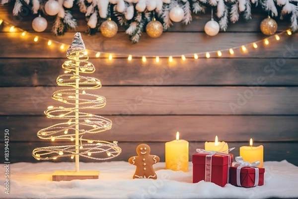 Fototapeta Festive christmas scene with illuminated tree gingerbread man and gifts