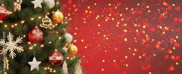 Fototapeta Close up of a decorated christmas tree with bokeh lights and ornaments