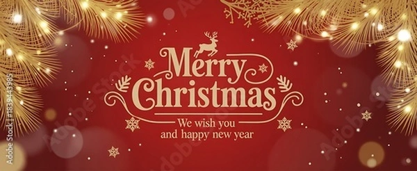 Fototapeta Merry christmas festive greeting with glowing lights and bokeh effect