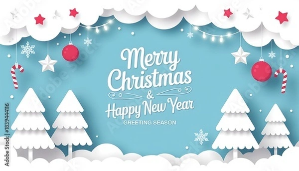 Fototapeta Merry christmas and happy new year festive winter scene with trees and snowflakes