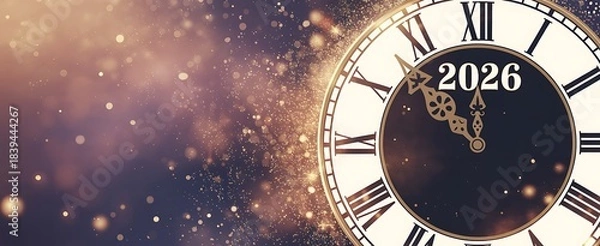 Fototapeta New year 2026 clock face with festive bokeh lights