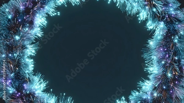 Fototapeta Holographic Christmas wreath with glowing tech fibers, neon sparkles, and a metallic background framed in clean symmetrical composition