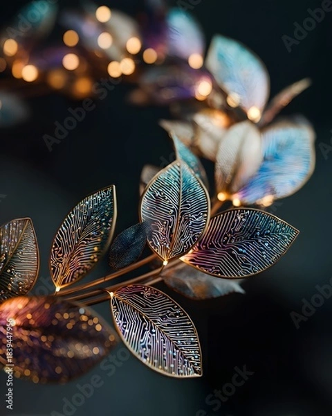 Fototapeta Digital tech-inspired Christmas wreath with illuminated circuit patterns and soft elegant glow