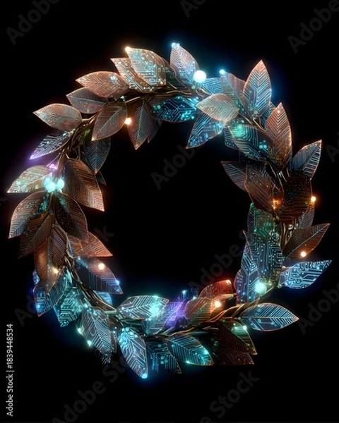Fototapeta High-tech Christmas wreath featuring neon circuit-style leaves and modern digital holiday ornament details
