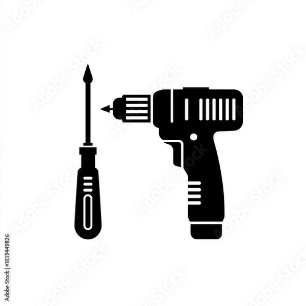 Fototapeta Power Drill and Manual Screwdriver Tools Silhouette Icon Set