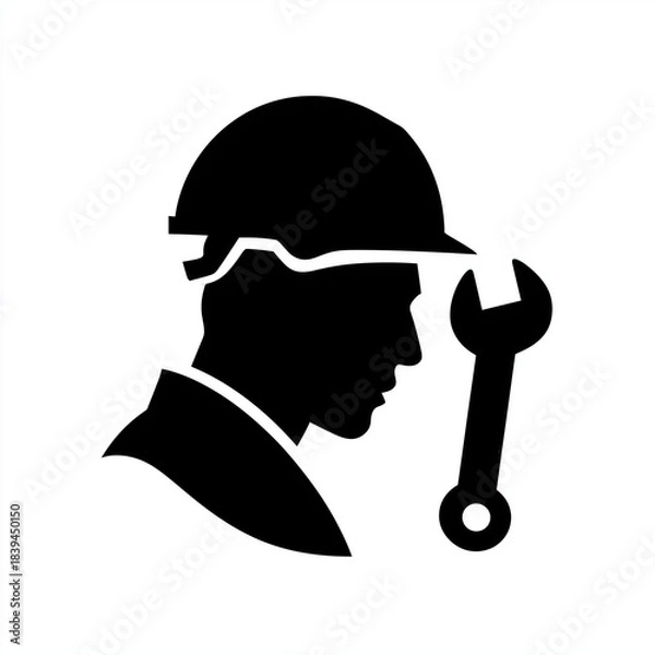 Fototapeta worker's head in a hard hat, with a wrench next to it