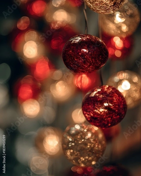 Fototapeta Luxurious festive bokeh lights in red and gold with glowing decorative spheres creating a soft abstract Christmas aesthetic