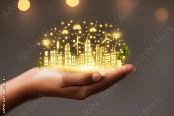 Fototapeta Sustainable energy shift concept. Hand Holding Glowing Representation of Sustainable City with Renewable Energy Elements and Innovation