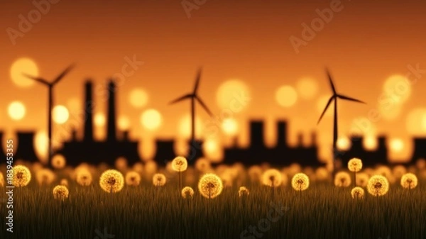 Fototapeta Sustainable energy shift concept. Dark Polluted Factories in Contrast with Clean Nature Elements and Wind Turbines at Blurred Sunset Background.