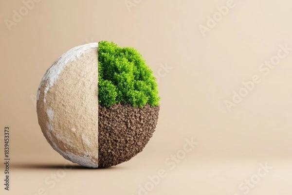 Fototapeta Sustainable energy shift concept. Half of Earth Covered by Fossil Fuels and Half by Greenery Representing Environmental Balance