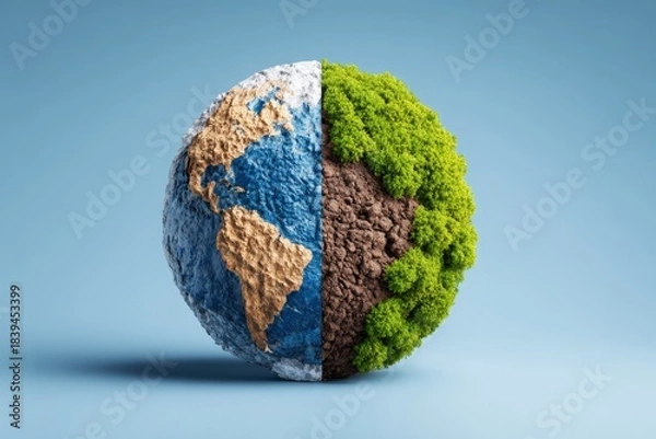 Fototapeta Sustainable energy shift concept. Earth Half Covered by Fossil Fuels and Greenery Representing Environmental Balance and Sustainability