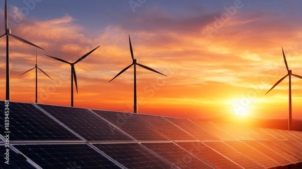Fototapeta Sustainable energy shift concept. Solar Panels Reflecting Sunrise Light With Wind Turbines on Scenic Horizon at F8AF536C Standard V2
