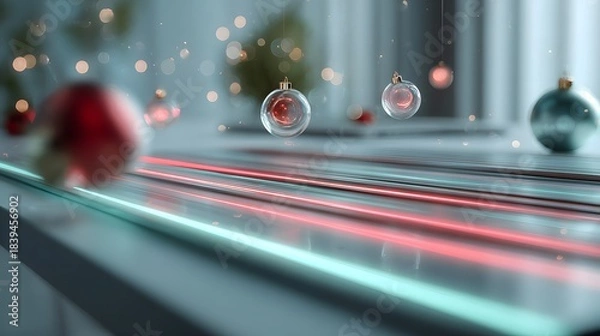 Fototapeta Tech-inspired minimalist workspace featuring bright LED holiday accents and smooth hologram decorations