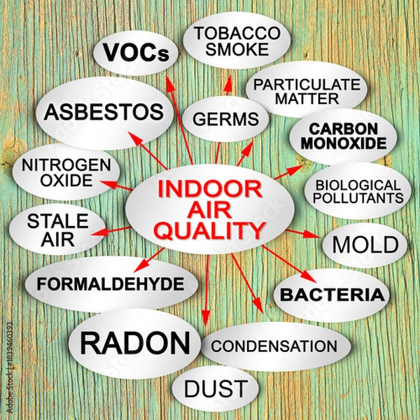 Fototapeta Layout about the most common dangerous domestic pollutants we can find in our homes which cause poor indoor air quality and chronic disease - Sick Building Syndrome concept illustration