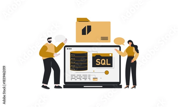 Obraz Men and Women are showing SQL database developer programmer on laptop.