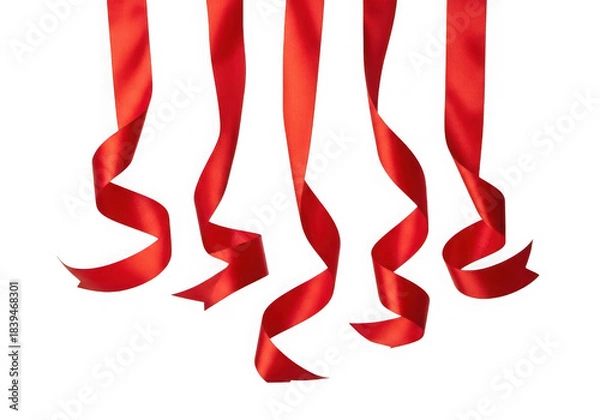 Fototapeta Red curling festive ribbons hanging isolated on transparent background