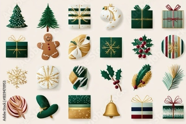 Fototapeta Christmas gift and decoration collage featuring trees, presents, ornaments, and festive icons