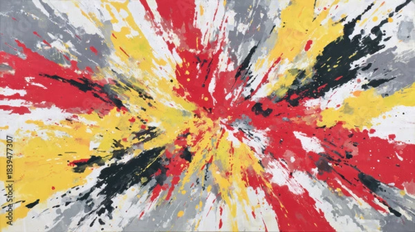 Fototapeta dynamic action painting with splashes of red, yellow, and gray, capturing the energy of creation, canvas texture visible