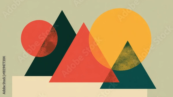 Fototapeta geometric abstraction with interlocking triangles and circles in terracotta, sage green, and ochre, modern minimalist art style