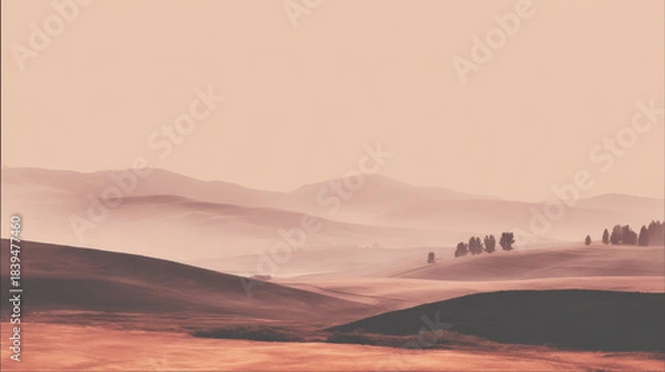 Fototapeta muted tonal landscape with rolling hills in sepia and dusty rose, soft focus background, poetic and timeless